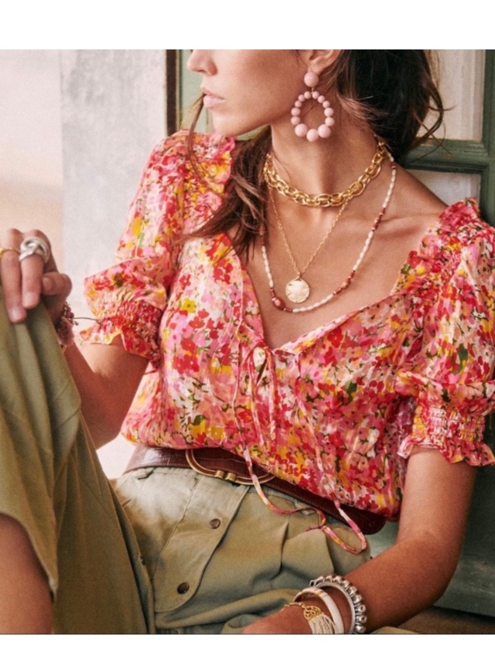 Sézane Rita Silk Blouse, pink floral size 42/US10